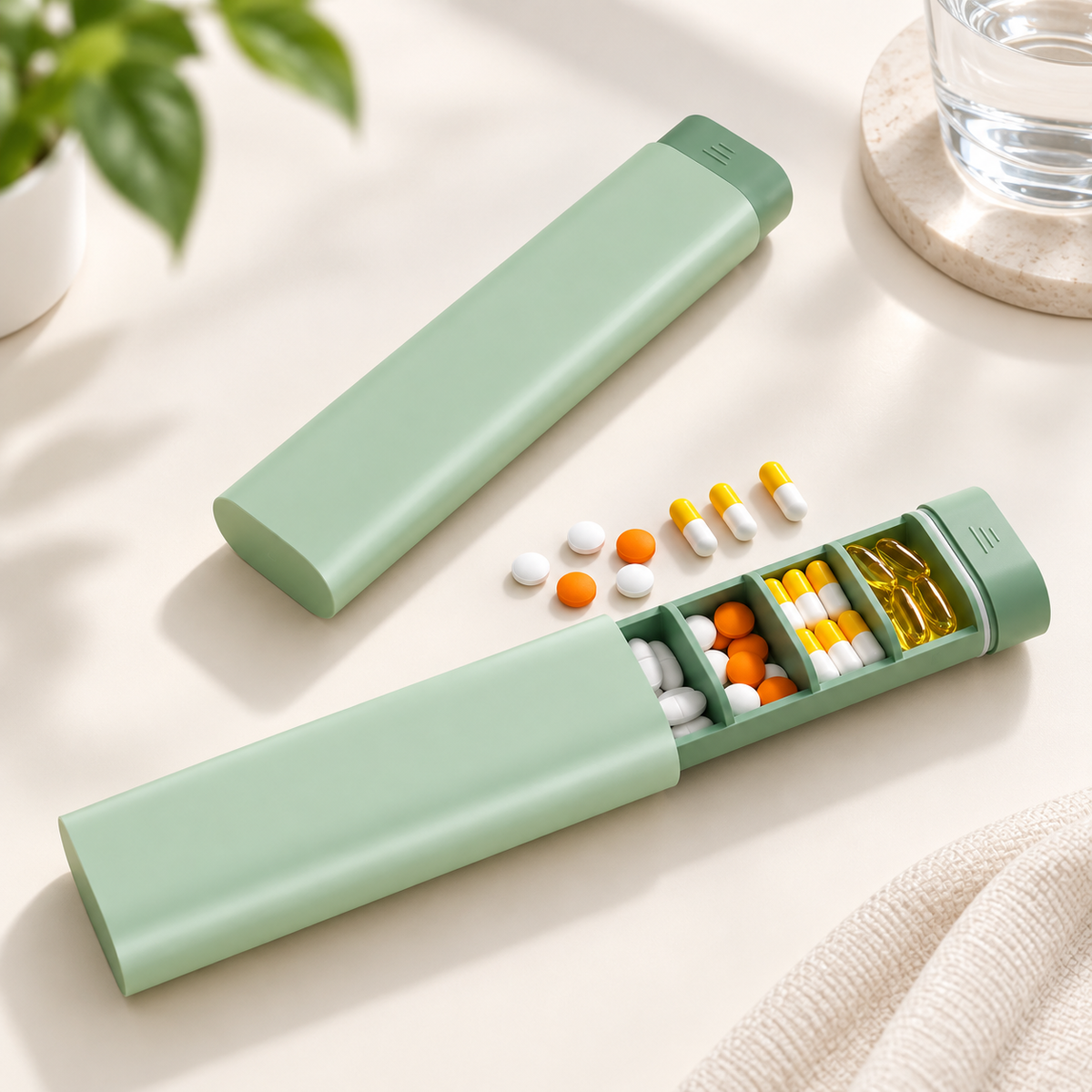 A mint green pill organizer shown open with capsules and pills spilled out, alongside its closed lid, on a light beige surface with soft lifestyle props.
