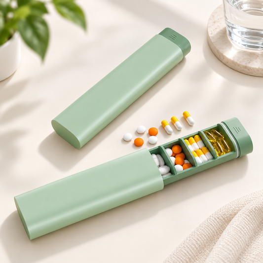 A mint green pill organizer shown open with capsules and pills spilled out, alongside its closed lid, on a light beige surface with soft lifestyle props.