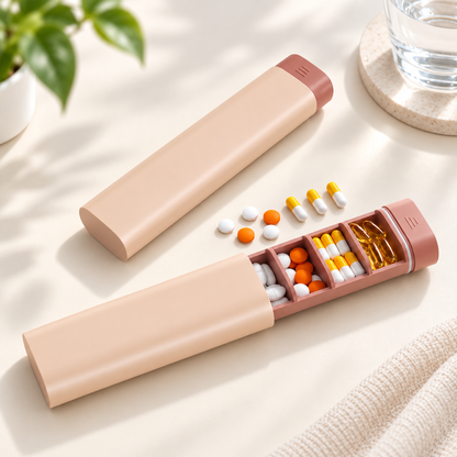 A compact pill organizer case shown open and closed on a light beige surface. The case is a warm nude pink with a matching cap, and the open compartment contains white and orange capsules plus a gold foil packet.