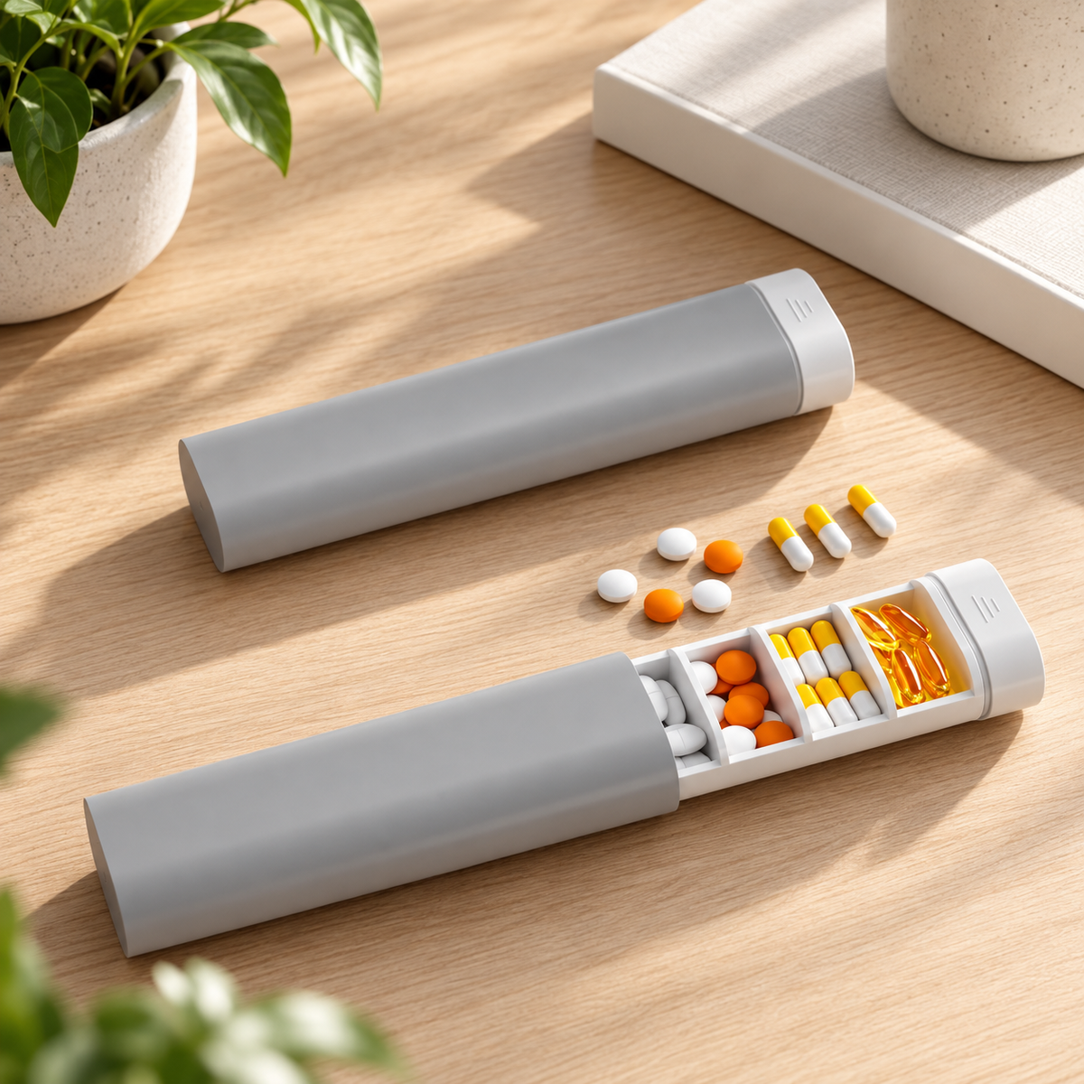 A gray pill organizer case shown open on a wooden tabletop, with capsules and orange-and-white pills stored inside. A closed matching case sits nearby, along with a small potted plant and a book in a styled setting.