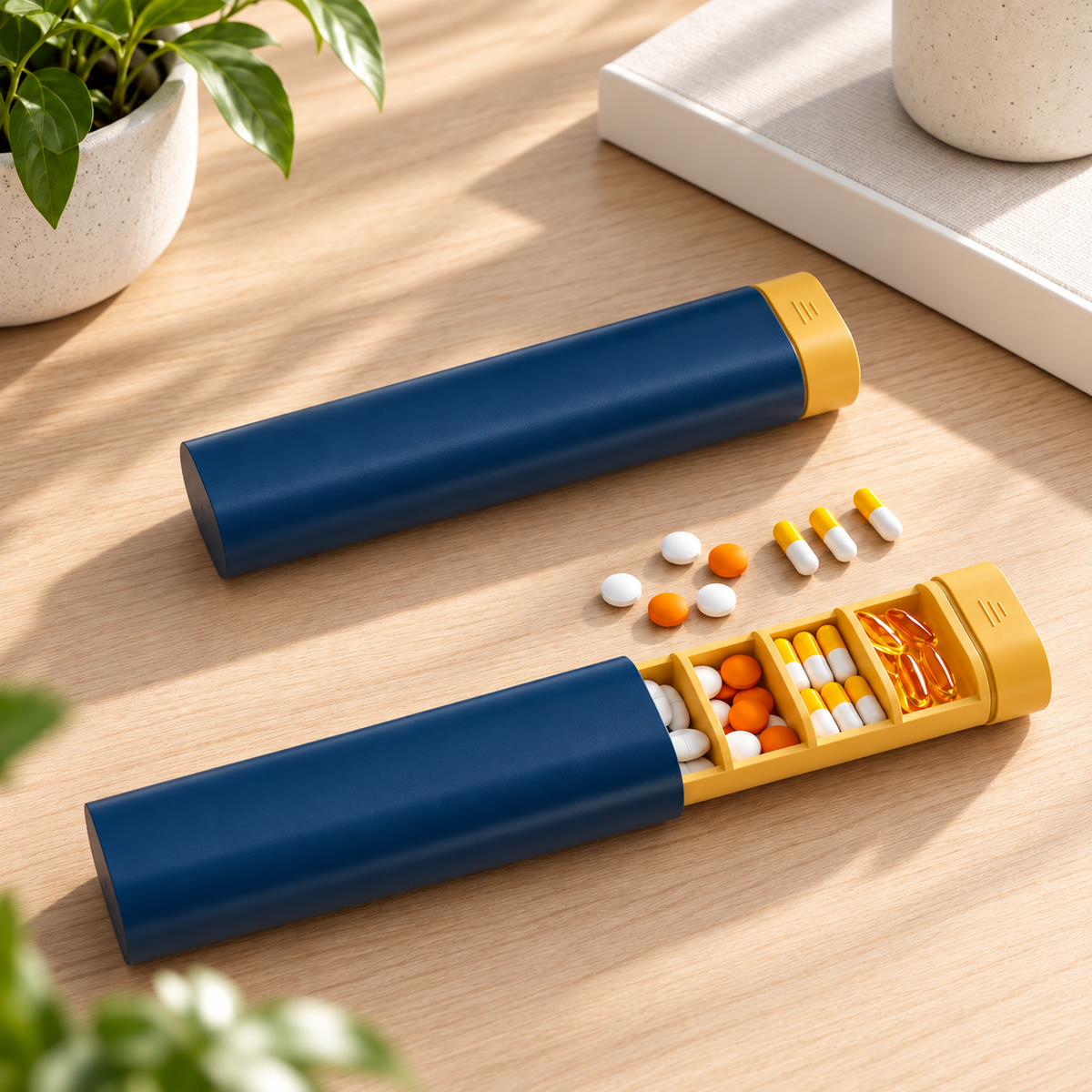 Two pill organizer cases in navy blue and yellow are shown on a light wood table, with one case open to reveal compartments filled with orange and white capsules.